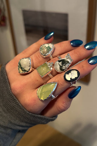 Green Mossy Calcite Ring Collection