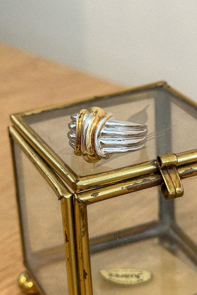 Gold and silver ring on a glass display box with a gold base.