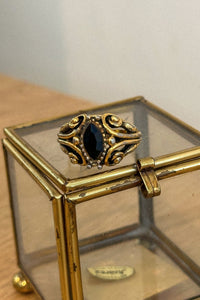 Vintage Brass Onyx Marquise Ring, Adjustable Size 7